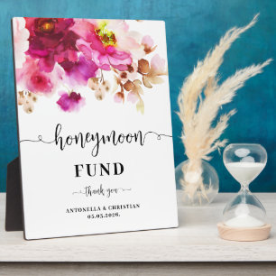 Hochzeitszeichen des Burgund Floral Honeymoon Fund Fotoplatte