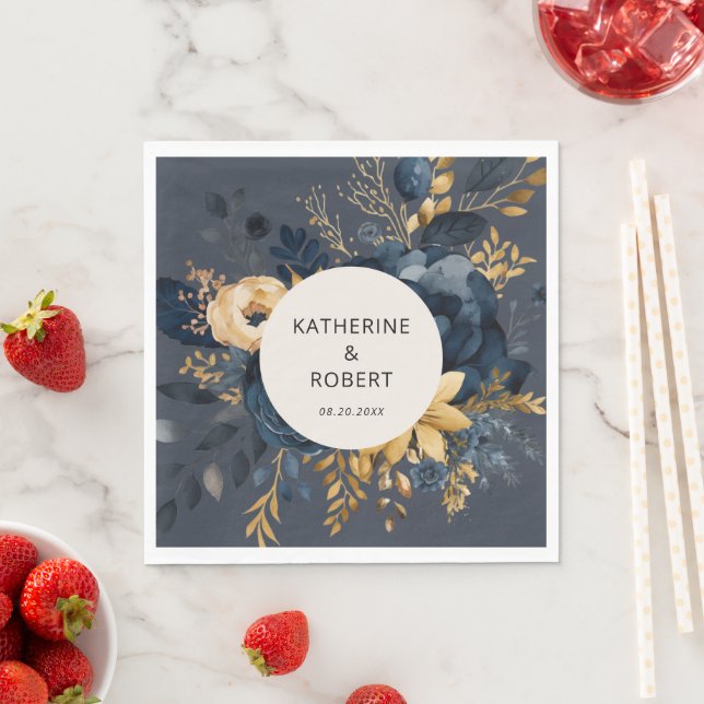 Hochzeitszeitung "Midnight Blue and Gold Floral" Serviette (Beispiel)