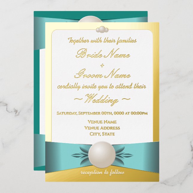 Hochzeitszeremon für Gold und Aquamarine Perl Folieneinladung (Vorderseite/Rückseite)