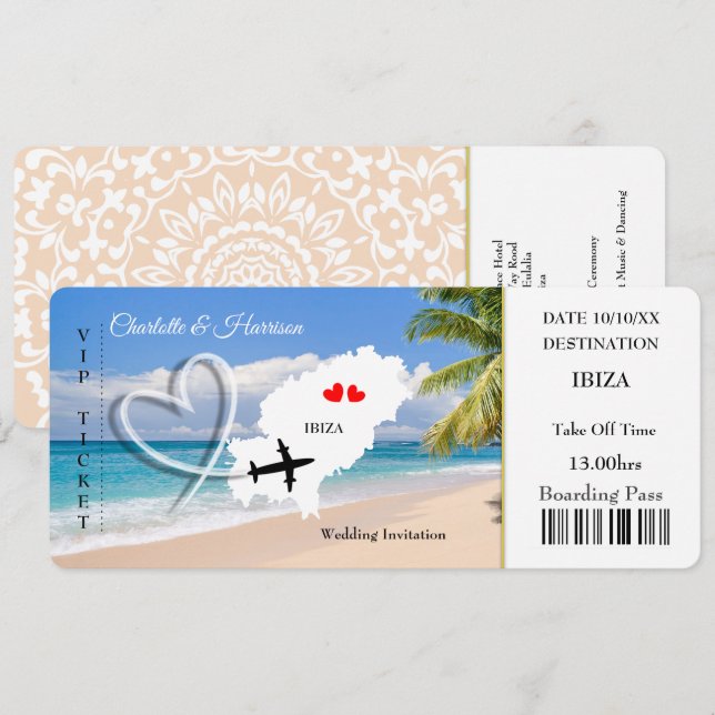 Hochzeitsziel Ibiza Ticket Einladung (Vorne/Hinten)