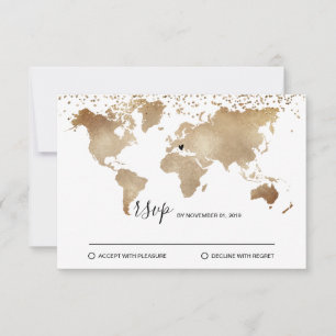 Hochzeitsziel Weltkarte Gold entfernbares Herz RSVP Karte