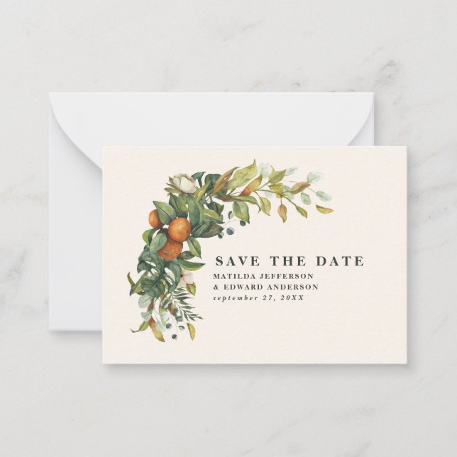 Hochzeitszitrus floral Save the Date Mitteilungskarte (Vorderseite)