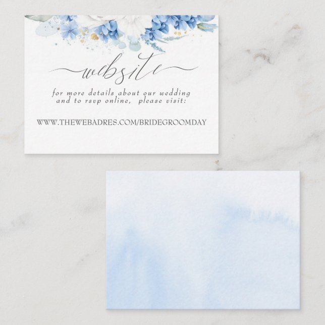 Hochzeitwebsite Dusty Blue White Blume Visitenkarte (Vorne/Hinten)