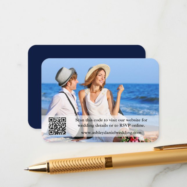 Hochzeitwebsite QR Overlay Foto Blue Begleitkarte (Vorderseite/Rückseite Beispiel)