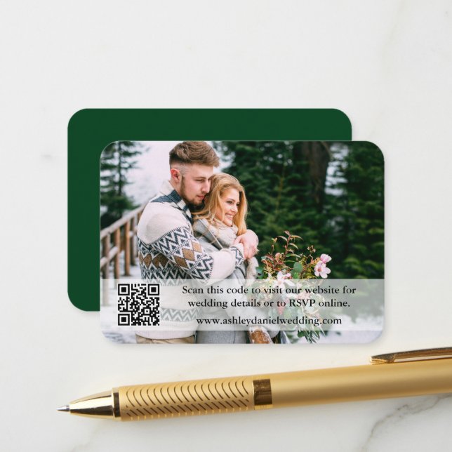 Hochzeitwebsite QR Overlay Foto Green Begleitkarte (Vorderseite/Rückseite Beispiel)