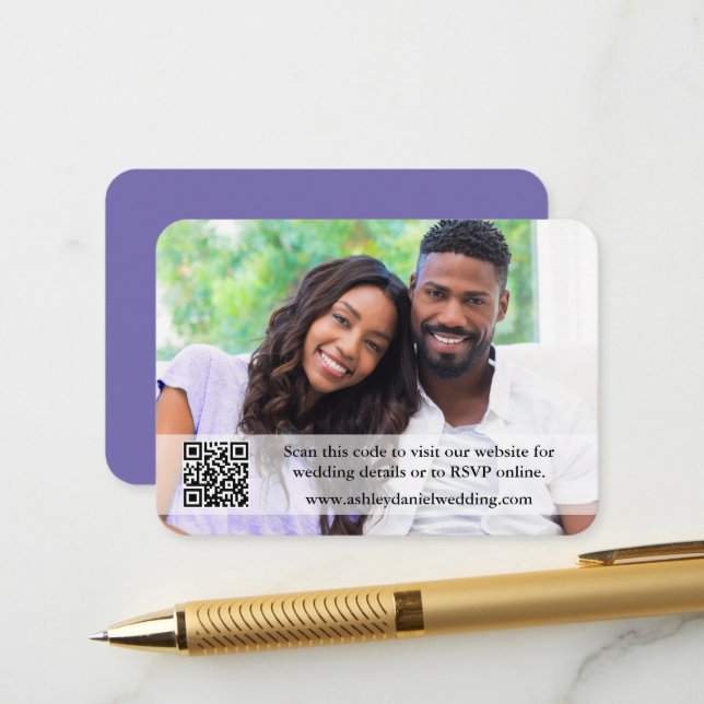 Hochzeitwebsite QR Overlay Foto Periwinkle Begleitkarte (Vorderseite/Rückseite Beispiel)