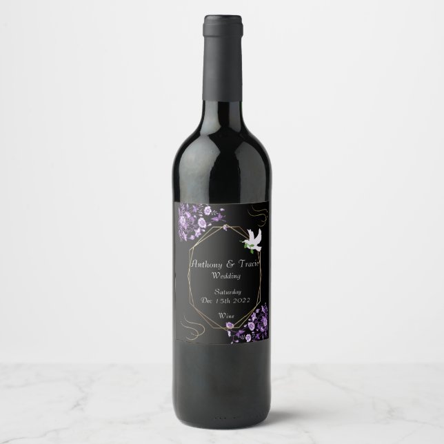 Hochzeitweilig Weinetikett Lila Blumen & Black (Vorderseite)