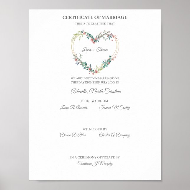 Hochzeitzertifikat Rosa Blumenherz Poster (Vorne)