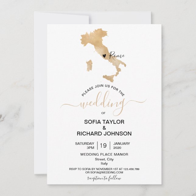 Hochzeitziel Italien Gold Bewegliches Herz Einladung (Vorderseite)