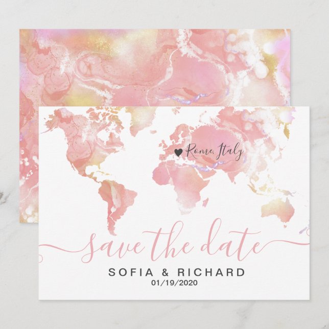 Hochzeitziel Weltkarte Rosa Entfernbares Herz Einladung (Vorne/Hinten)
