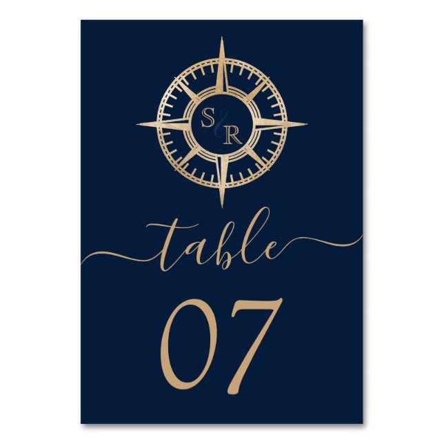 Hochzeitziel World Map Compass Monogram Tischnummer (Vorderseite)