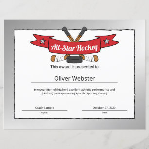 Hockey Award Hockey-Zertifikat für All-Star-Hockey