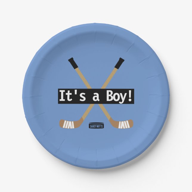 Hockey Baby Es ist ein Boy Blue Hockey Sticks Pappteller (Vorderseite)