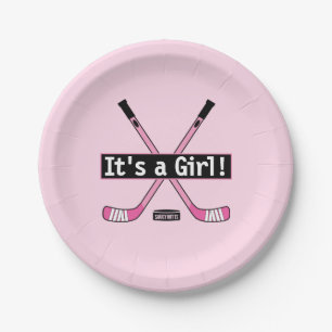 Hockey Baby Es ist ein Girl Pink Hockey Sticks Pappteller