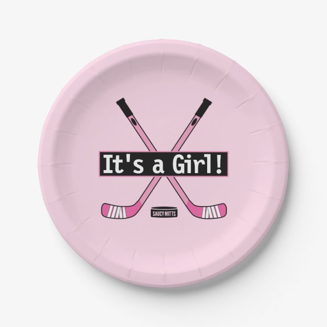 Hockey Baby Es ist ein Girl Pink Hockey Sticks Pappteller (Vorderseite)