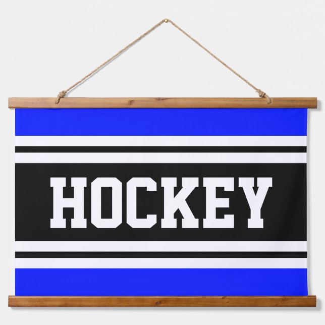 HOCKEY Bright Blue Schwarz-weiß Racing Streifen Wandteppich Mit Holzrahmen (Vorne)