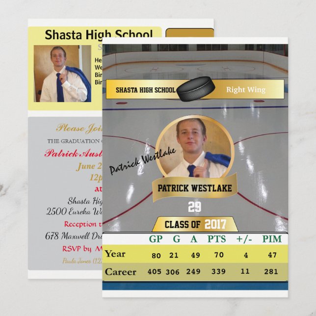 Hockey Card W/ Stats Grad Einladungen - Gold (Vorne/Hinten)