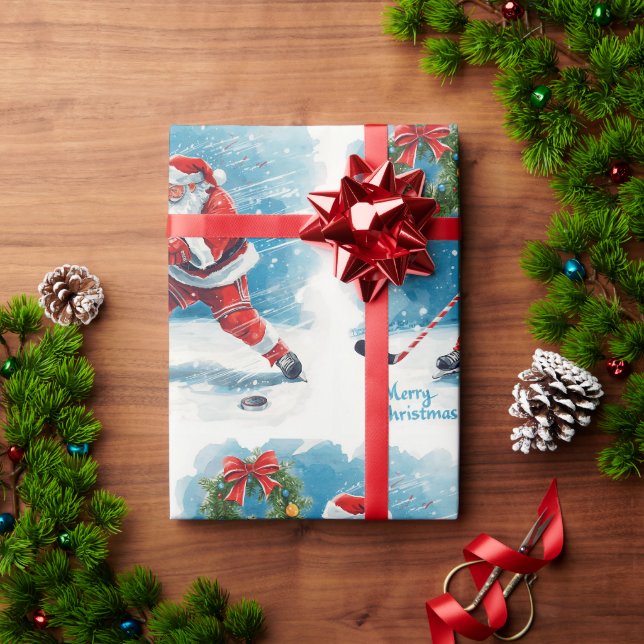  Hockey Christmas with Santa Claus Geschenkpapier (Feiertagsgeschenk)