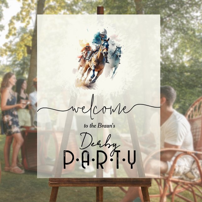 Hockey en aquarelle Jockey Derby Bienvenue (Watercolor racehorses and jockeys Derby Welcome acrylic sign)