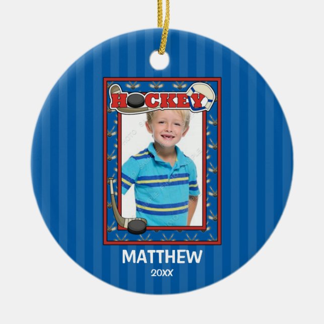 Hockey-Foto-Rahmen scherzt personalisiertes Keramik Ornament (Vorne)
