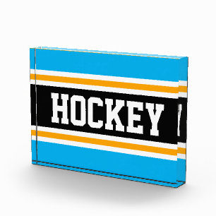 HOCKEY Fun Bright Azure Blue Black Yellow Streifen Fotoblock