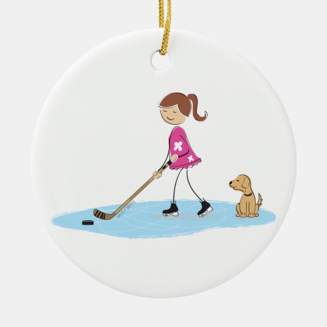 Hockey Girl Cartoon Keramik Ornament (Vorne)