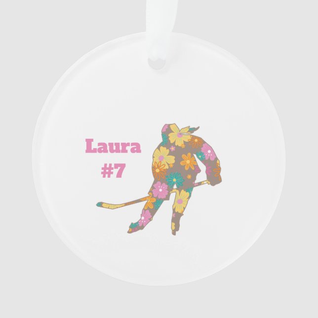 Hockey Girl Silhouette Brown Floral Name Number Ornament (Vorderseite)