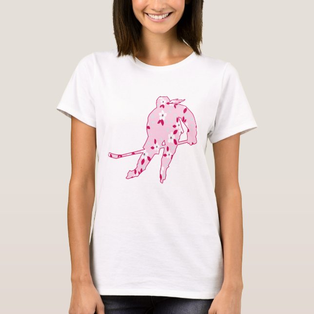Hockey Girl Skater Silhouette Rosa Blütenblatt T-Shirt (Vorderseite)