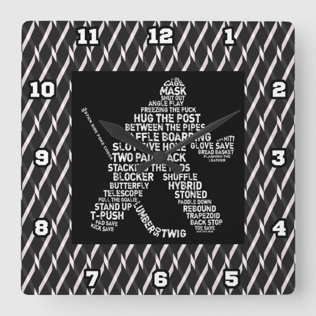 Hockey Goalie Typografie Wall Clock Quadratische Wanduhr (Vorderseite)
