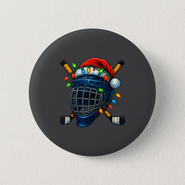 Hockey Helmet Christmas Lights Santa Hat Design Xm Button (Vorderseite)