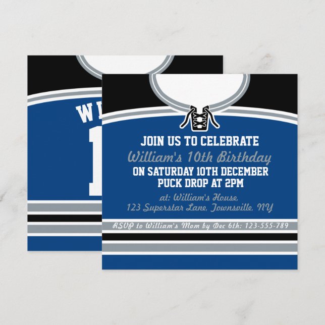 Hockey Jersey Themed Party lädt Template ein, blau Einladung (Vorne/Hinten)