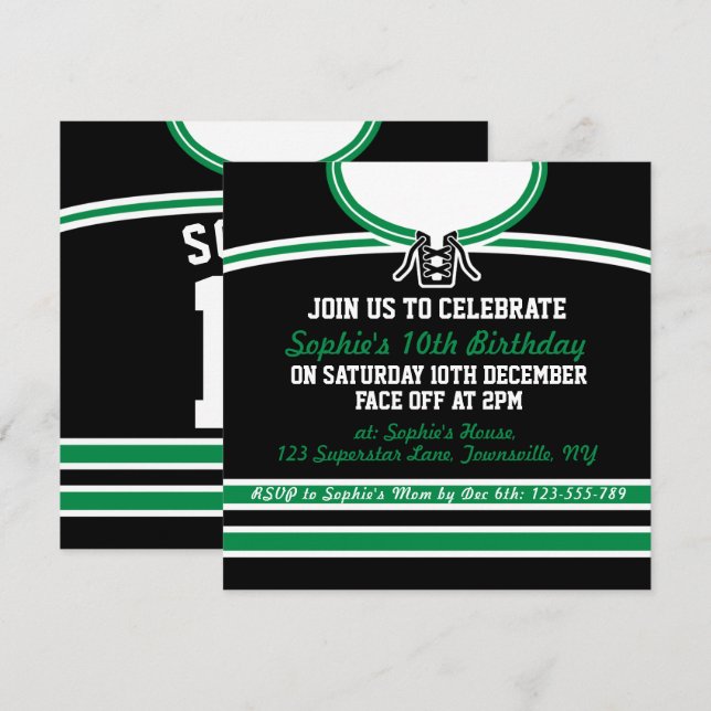 Hockey Jersey Themed Party lädt Template ein, grün Einladung (Vorne/Hinten)