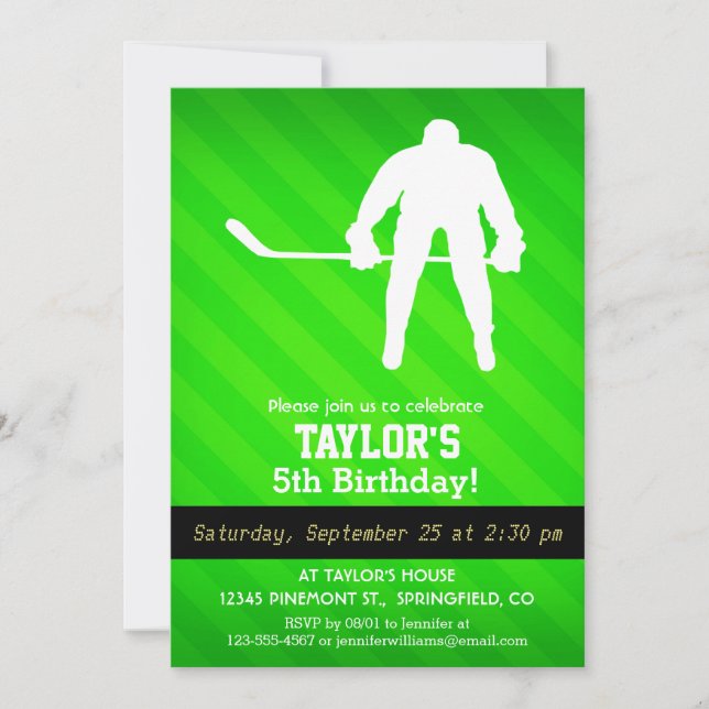 Hockey; Neon Green Stripes Einladung (Vorderseite)