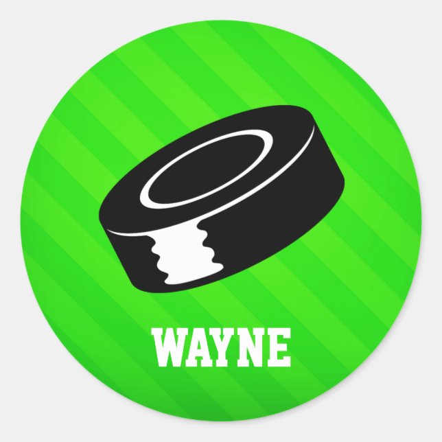Hockey Puck; Neon Green Strips Runder Aufkleber (Vorderseite)