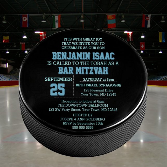 Hockey Puck Round Blue Bar Mitzvah Einladung (Von Creator hochgeladen)