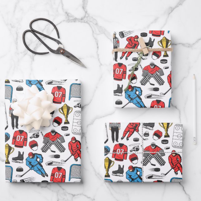 Hockey Schiedsrichterspieler Ice Skaten Rink Muste Geschenkpapier Set (Vorderseite)
