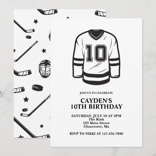 Hockey schwarz und weiß 10. Geburtstag Einladung (Vorne/Hinten)
