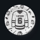 Hockey schwarz und weiß 6. Geburtstag Pappteller<br><div class="desc">Black and White Hockey 6. Geburtstag Teller. Jersey.</div>