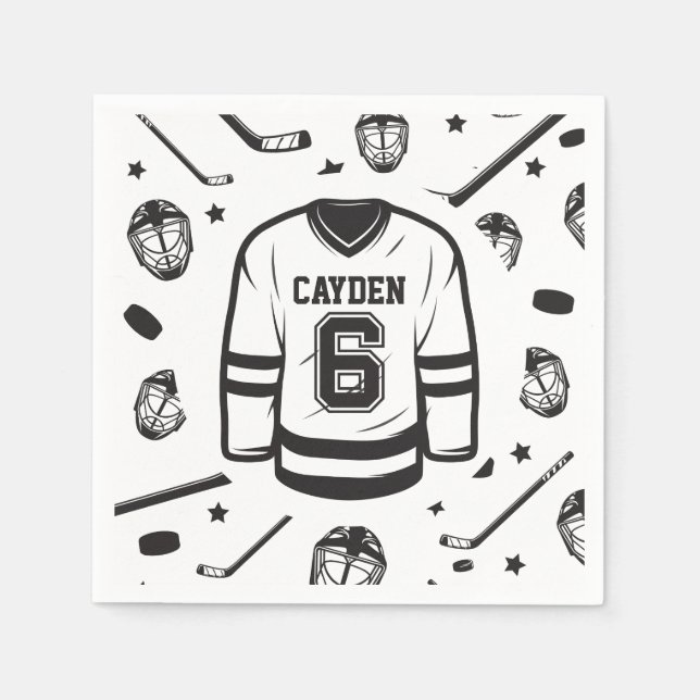 Hockey schwarz und weiß 6. Geburtstag Serviette (Vorderseite)
