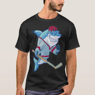 Hockey Shark With Stick Helmet Puck Funny Sharks L T-Shirt