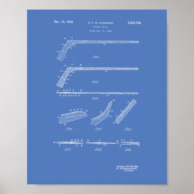 Hockey Stick 1935 Patentart - Blueprint Poster (Vorne)