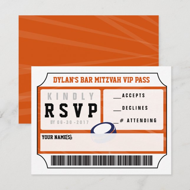 HOCKEY VIP REPLY CARD Bar Bat Mitzvah Einladung (Vorne/Hinten)