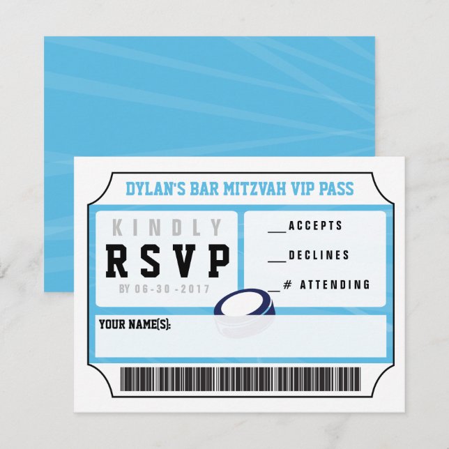 HOCKEY VIP REPLY CARD Bar Bat Mitzvah Einladung (Vorne/Hinten)