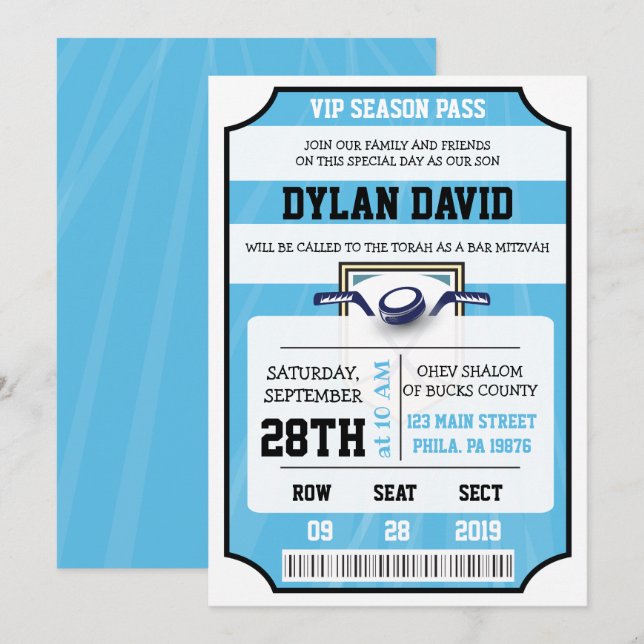 HOCKEY VIP TICKET Bar Bat Mitzvah Einladung (Vorne/Hinten)