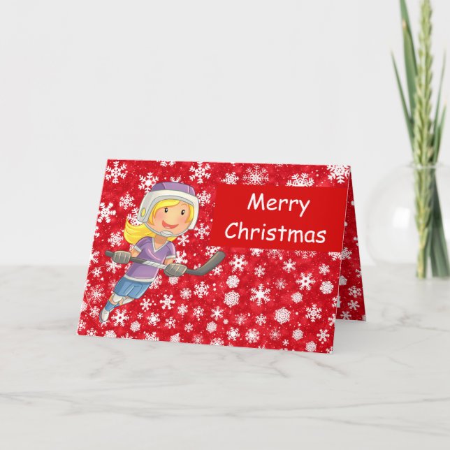 Hockey Weihnachtskarten - Girl-Kid-Spieler im Schn Karte (Vorderseite)