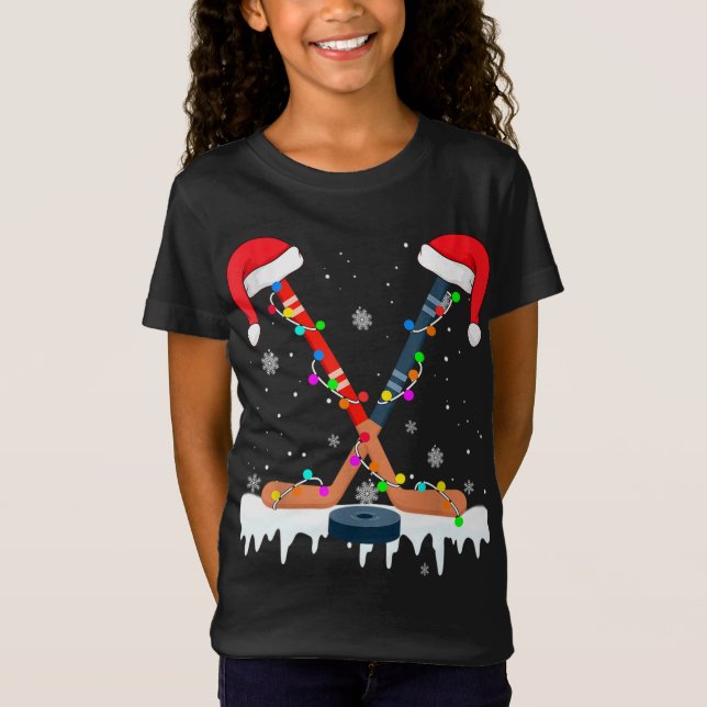 Hockey Weihnachtsmannmütze Christmas Lights Funny  T-Shirt (Vorderseite)