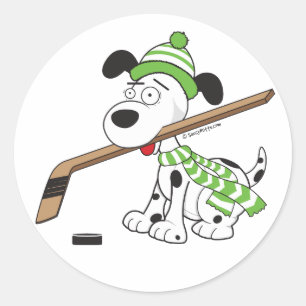 Hockeyhund mit Hockeyschläger Runder Aufkleber