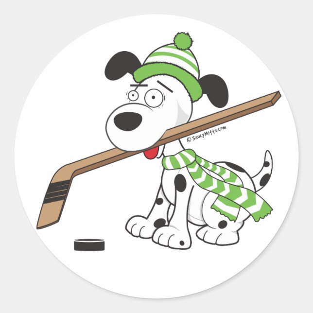 Hockeyhund mit Hockeyschläger Runder Aufkleber (Vorderseite)