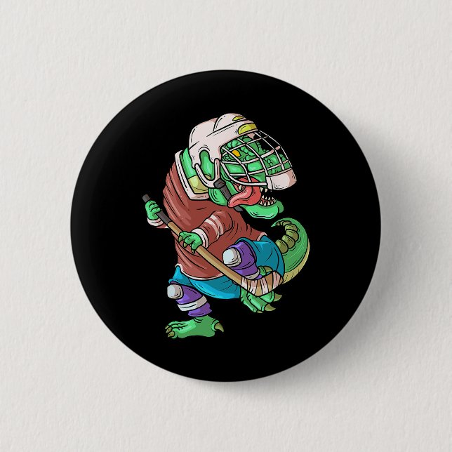 Hockeysaurus Kinder T-Rex Dinosaur mit Eishockeysc Button (Vorderseite)