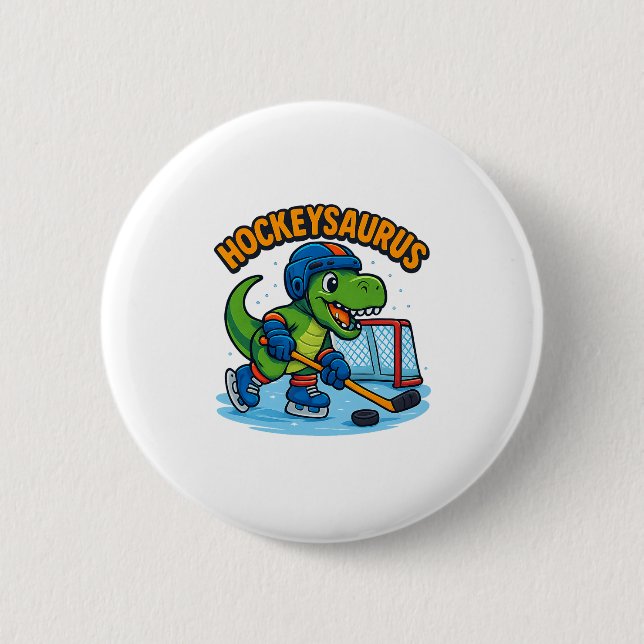 Hockeysaurus Lustiger Dinosaurier Eishockey Kinder Button (Vorderseite)